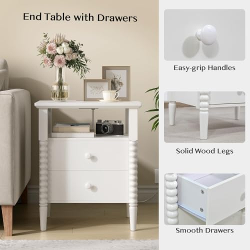 JOINICE White Nightstand with Charging Station, Jenny Lind Spindle Style