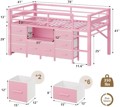 Feonase Low Loft Bed Twin Size with 8 Storage Drawers, Twin Loft Bed with Bookcase, Metal Kids Loft Bed with 13" H Safety Guardrail, Under-Bed Play Space and Play Curtain for Kids, Pink
