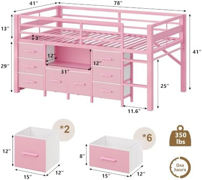 Feonase Low Loft Bed Twin Size with 8 Storage Drawers, Twin Loft Bed with Bookcase, Metal Kids Loft Bed with 13" H Safety Guardrail, Under-Bed Play Space and Play Curtain for Kids, Pink