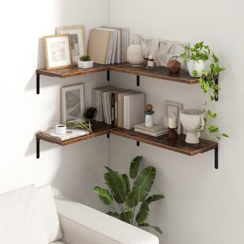 Deep Floating Shelves, 24W x 8D Floating Shelves Set of 2, Wall Mounted Shelf with Metal Brackets, Rustic Wood Wall Shelf for Bathroom, Kitchen and Living Room, Rustic Brown