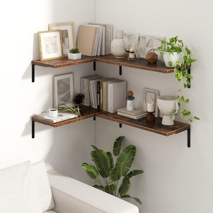 Deep Floating Shelves, 24W x 8D Floating Shelves Set of 2, Wall Mounted Shelf with Metal Brackets, Rustic Wood Wall Shelf for Bathroom, Kitchen and Living Room, Rustic Brown