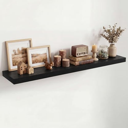 Floating Shelves for Wall, 55" x 9.3" Solid Pine Wood Wall Shelf, Wall Mounted Display Shelf with Invisible Heavy-Duty Metal Bracket, Black Floating Shelves for Home Decor and Storage, 1 Pack