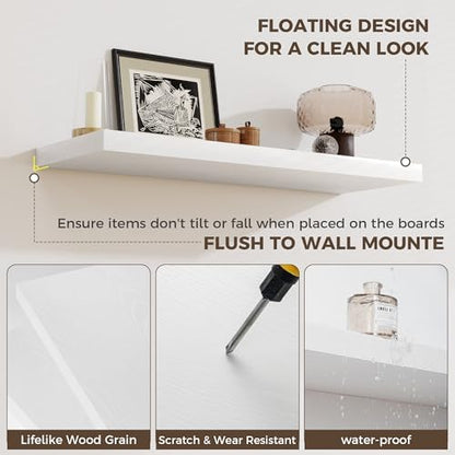 24 x 12 Inch Deep Floating Shelves, 12 Inch Deep Rustic Wooden Book Shelf, Extra Deeper & Thicker Hanging Shelves for Living Room, Bathroom, Bedroom, Kitchen, Office, Set of 3 (White)