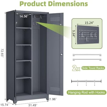 Metal Tool Storage Cabinet, Broom Closet with Hooks, 72.8" Tall Garage Cabinet with Shelves, Heavy-Duty Cleaning Storage for Utility Room, Gym, Office, Garage