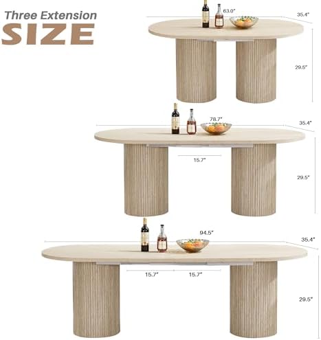 63'' to 94'' Extendable Dining Table for 6-10 People,Oval Kitchen Table with Pillar Base,Farmhouse Expandable Dining Room Table for Living Room, Extendable Desk Convert to 63'', 79 '', 94'' (Natural)