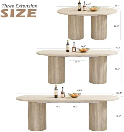 63'' to 94'' Extendable Dining Table for 6-10 People,Oval Kitchen Table with Pillar Base,Farmhouse Expandable Dining Room Table for Living Room, Extendable Desk Convert to 63'', 79 '', 94'' (Natural)