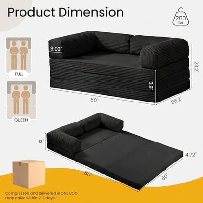 Convertible Sofa Bed, Tri-Folding Mattress Queen Futon Couch Bed, Boneless Sleeper Couch Bed with Removable Armrests & Washable Cover for Guest Room, Living Room, Queen, Black