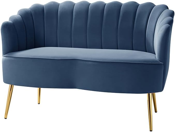Velvet Upholstered Loveseat Sofa with Gold Metal Legs, Modern Comfy Small Love Seat with Flower Shaped Back, 2-Seater Sofa Accent Couch for Living Bedroom Leisure Areas, Slate Blue