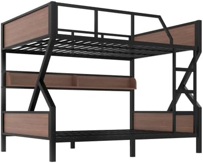 Bellemave Bunk Bed Queen Over Queen with LED, Heavy Duty Metal Bunk BedFrame with Storage Shelves and Lights, Black