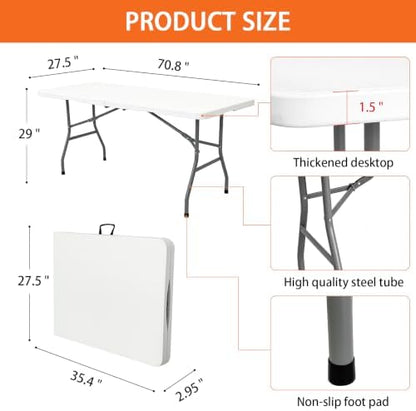 Folding Table 6ft, Heavy Duty Portable 6 Foot Foldable Table Plastic Large Folding Tables Indoor Outdoor for Camping, Picnic, Wedding and Party, White