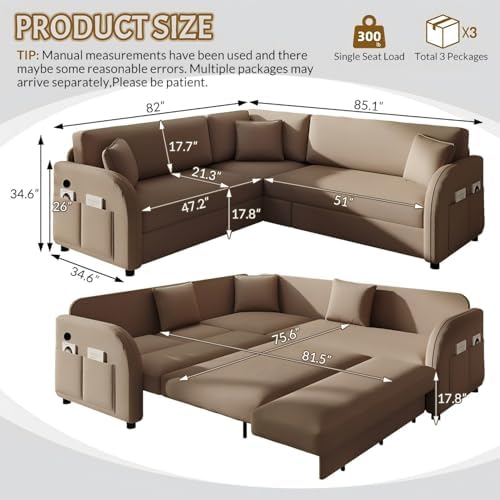 HANXIN 85.1" L-Shaped Sofa Couch with Pull Out Bed, Oversize Convertible Sectional Sleeper Sofa with Side Pocket & USB Port, 5 Seat Sherpa Fleece Upholstered Couches for Living Room(Brown)