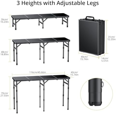 4-Fold Camping Table, 46” X 16” Portable Folding Camping Table, Black