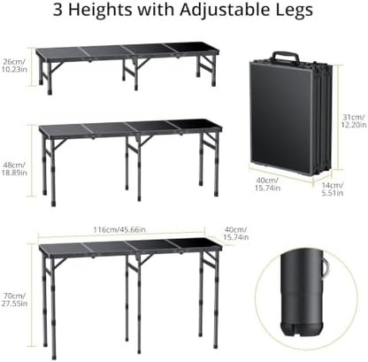 4-Fold Camping Table, 46” X 16” Portable Folding Camping Table, Black