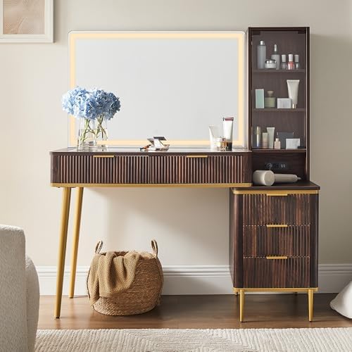 T4TREAM Fluted Makeup Vanity Desk with 36" HD Lighted Mirror, 48" Big Modern Vanity Desk with Mirror and Lights, Dressing Table with 5 Drawers & Shelves, Glass Top for Bedroom, Dark Walnut