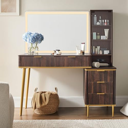 T4TREAM Fluted Makeup Vanity Desk with 36" HD Lighted Mirror, 48" Big Modern Vanity Desk with Mirror and Lights, Dressing Table with 5 Drawers & Shelves, Glass Top for Bedroom, Dark Walnut