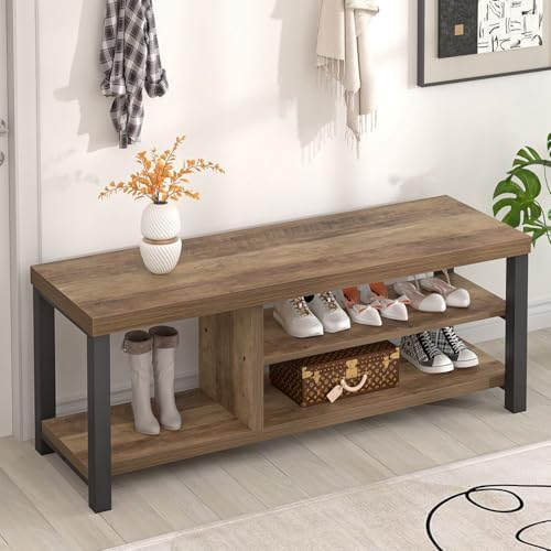 Shoe Bench for Entryway, Wood and Metal Indoor Bench with Shoe Storage and Seating for Bedroom, Hallway, Living Room, Rustic Oak, 43.3 Inch