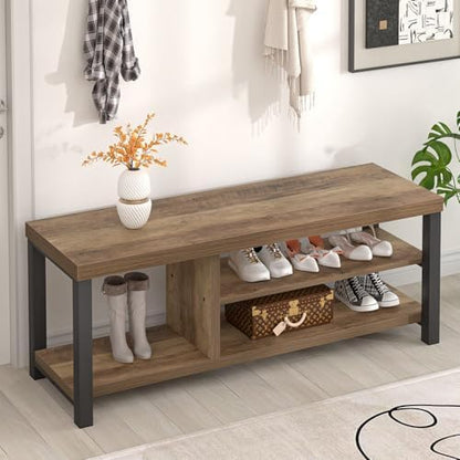 Shoe Bench for Entryway, Wood and Metal Indoor Bench with Shoe Storage and Seating for Bedroom, Hallway, Living Room, Rustic Oak, 43.3 Inch