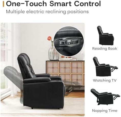 ANJ Power Recliner Chairs Set of 6, Electric PU Leather Home Theater Seating with Adjustable Recline,LED Light, Hidden Arm Storage, USB Port, Cup Holders – Breathable Backrest, FSC Wood Frame,Black