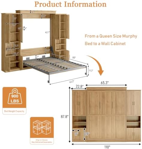 Murphy Bed Queen with 2 Storage Cabinets and USB Port, Natural Wood