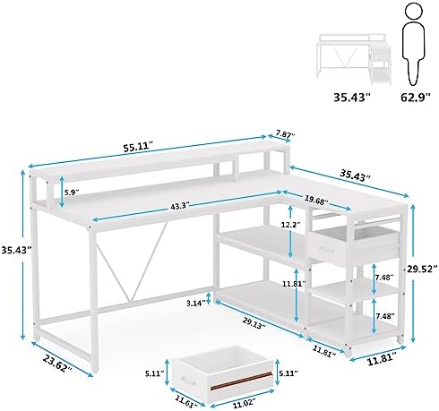 Tribesigns 55-inches Reversible L Shaped Desk with Drawer, Modern White L Corner Desk Home Office Table with Storage Shelves and Monitor Stand, Wooden and Metal PC Desk for Small Space