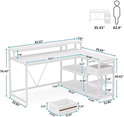 Tribesigns 55-inches Reversible L Shaped Desk with Drawer, Modern White L Corner Desk Home Office Table with Storage Shelves and Monitor Stand, Wooden and Metal PC Desk for Small Space