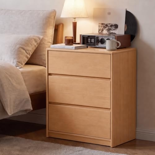 100% Solid Wood Nightstand, Wide Tall NightStand with 3 Drawers for Bedroom, Modern Design for Bedroom, Living Room, Closet, Natural Rubber(23.93" W x 15.74" D x 29.52" H)