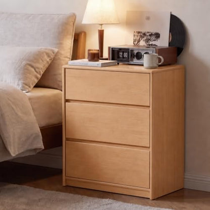 100% Solid Wood Nightstand, Wide Tall NightStand with 3 Drawers for Bedroom, Modern Design for Bedroom, Living Room, Closet, Natural Rubber(23.93" W x 15.74" D x 29.52" H)