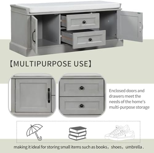 GDFStudio Rustic Storage Bench with 4 Doors 2 Draws Adjustable Shelves Removable Cushion Rectangular Cabinet Foot Rest Stool Solid Wood Shoe Bench Seating for Entryway Living Room, Gray Wash