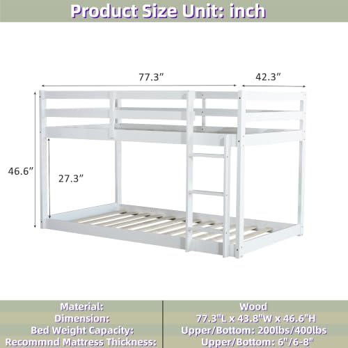 Low Bunk Bed Twin Over Twin with Ladder and Safety Guardrails, Wood Twin Size Floor Bunk Beds for Teens, No Box Spring Needed, White