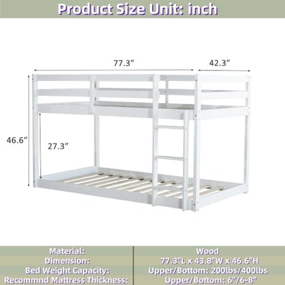 Low Bunk Bed Twin Over Twin with Ladder and Safety Guardrails, Wood Twin Size Floor Bunk Beds for Teens, No Box Spring Needed, White