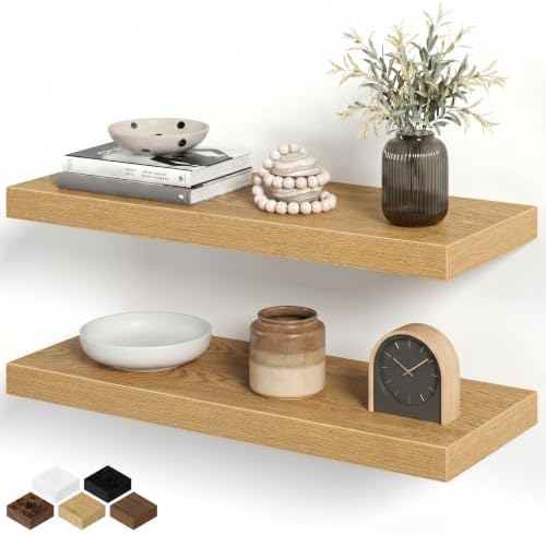 Floating Shelves for Wall, 24 Inch Floating Shelves Set of 2, Wall Mounted Rustic Wood Shelf for Bathroom, Living Room, Bedroom and Kitchen, Hanging Shelf for Storage, Books, Home Decor, Oak