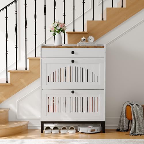 IDEALHOUSE Shoe Cabinet with 2 Flip Drawers and 1 Top Drawer, White