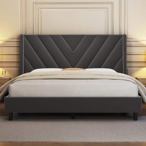 Yaheetech Full Bed Frame with Chevron Channel-Tufted Headboard, Dark Gray