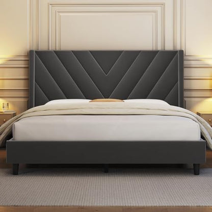Yaheetech Full Bed Frame with Chevron Channel-Tufted Headboard, Dark Gray
