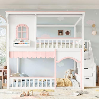 Full Over Full Size House-Shaped Wooden Bunk Bed with Window, White