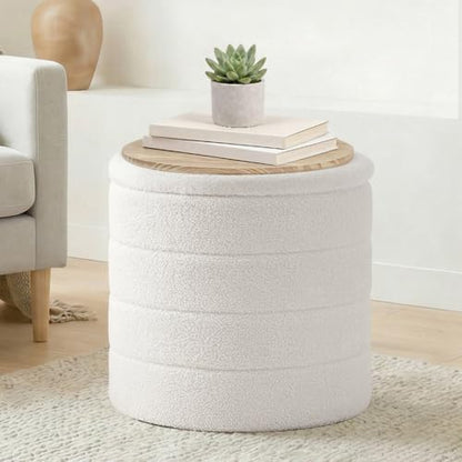 17" Round Storage Ottoman, Boucle Sherpa Ottoman with Tray
