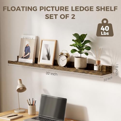 Picture Ledge Shelf, 32'' Brown Floating Shelves with Lip Set of 2