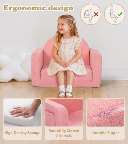 Kids Couch, 2-in-1 Soft Toddler Couch Fold Out with Blanket, Comfy Toddler Chair, Convertible Sofa, Gifts for Kids Girl Boys, Medium Pink Rainbow