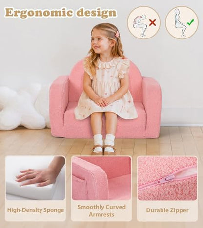 Kids Couch, 2-in-1 Soft Toddler Couch Fold Out with Blanket, Comfy Toddler Chair, Convertible Sofa, Gifts for Kids Girl Boys, Medium Pink Rainbow