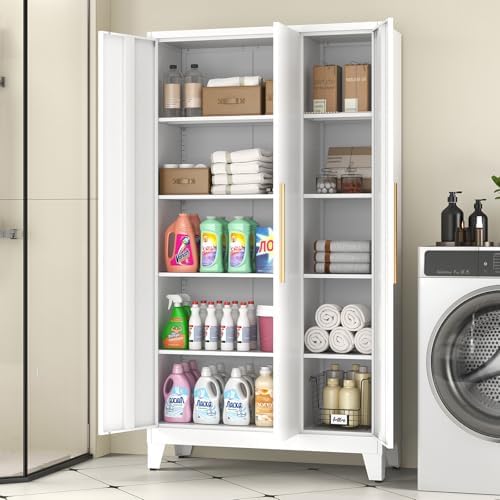 72" Tall Metal Kitchen Pantry Storage Cabinet with 8 Adjustable Shelves & 3 Doors, Large Wide Freestanding Organizer Cabinet for Kitchen, Bathroom, Diningroom, White