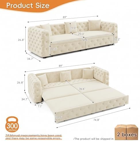 NicBex 89" 4-Seater Queen Size Pull Out Sofa Bed with 3 Pillows, Beige