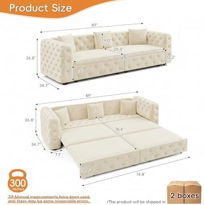 NicBex 89" 4-Seater Queen Size Pull Out Sofa Bed with 3 Pillows, Beige