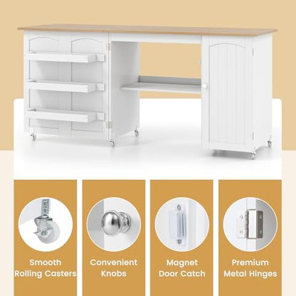 GIANTEX 62.5" Large Folding Sewing Table with Storage Cabinet & Shelves