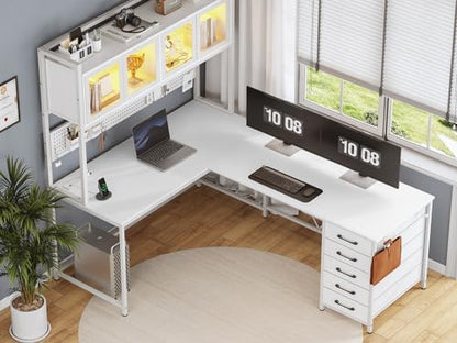 SEDETA L Shaped Gaming Corner Desk with Drawers, Hutch and Storage Shelves