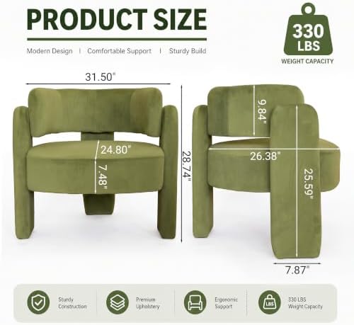 Velvet Barrel Accent Chairs Set of 2 with 3 Legs, Modern Chenille Comfy Upholstered Armchairs with Curved Back for Bedroom, Reading Corner, Office, Green