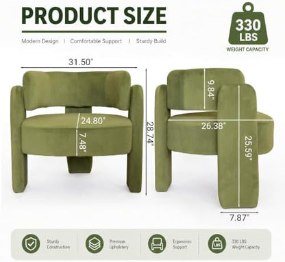 Velvet Barrel Accent Chairs Set of 2 with 3 Legs, Modern Chenille Comfy Upholstered Armchairs with Curved Back for Bedroom, Reading Corner, Office, Green