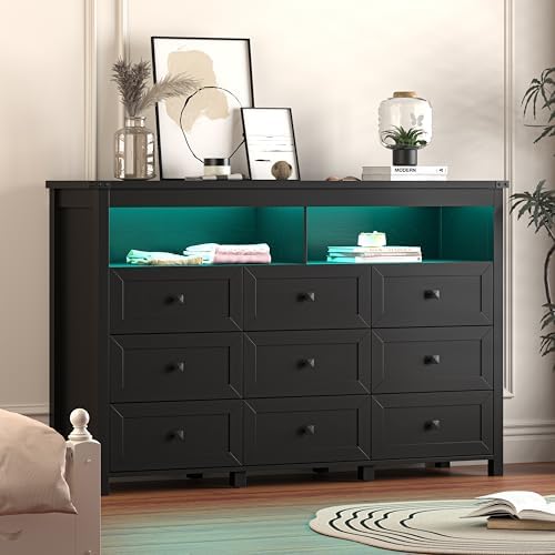 Dresser for Bedroom with 9 Drawers, LED Lights, Power Outlet, Black
