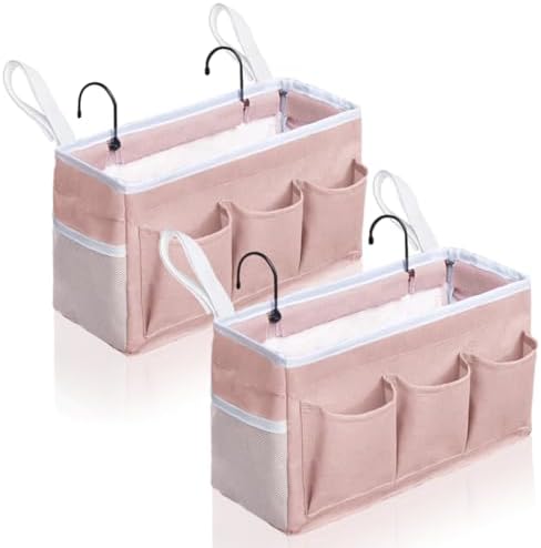 Kanrichu Bedside Caddy Hanging Storage Bag, Organizer Baskets with Pockets for Bunk Bed Accessories, Loft & Dorm Rooms Chair Bed Rails (Pink-2pcs)