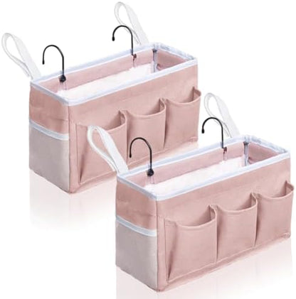 Kanrichu Bedside Caddy Hanging Storage Bag, Organizer Baskets with Pockets for Bunk Bed Accessories, Loft & Dorm Rooms Chair Bed Rails (Pink-2pcs)