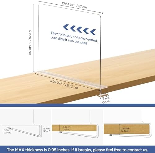 HBlife 12 Inches Tall [Extra Tall Version] Clear Shelf Dividers, 12 Pack Purse Organizer for Closet Perfect for Sweater, Shirts, Handbags, Acrylic Adjustable Bookshelf for Organization